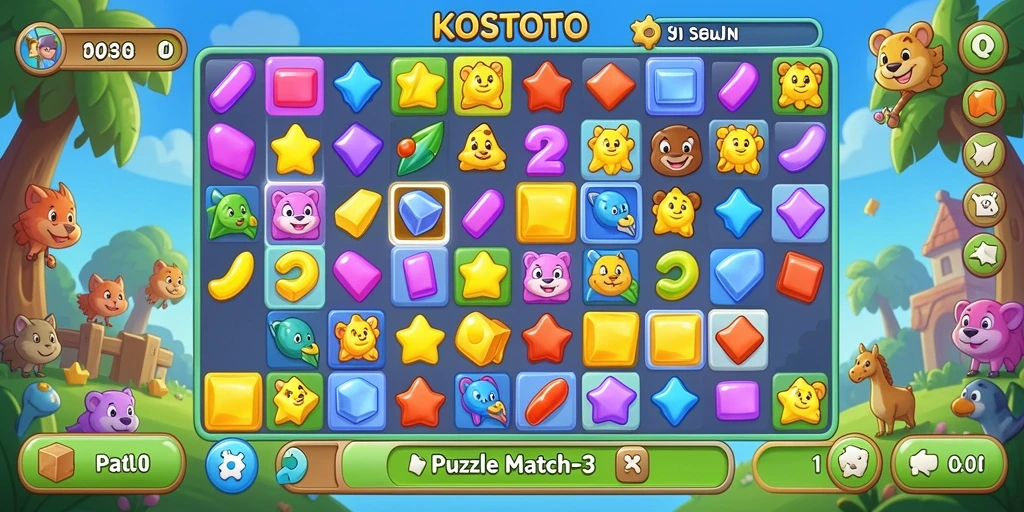 Antarmuka KOSTOTO dengan permata berwarna-warni dalam gameplay Puzzle Match-3.