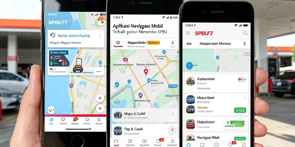 Tampilan antarmuka aplikasi SPBU77 dengan fitur Navigasi Mobil.